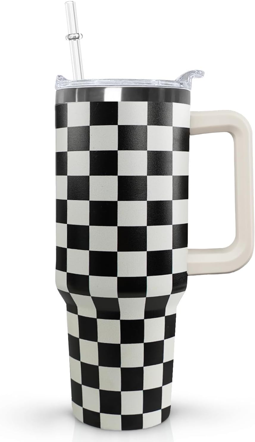 Ceovfoi Black and white Checkered Tumbler with Handle Lid and Straw,40 Oz Checkered Tumbler Water Bottle Travel Coffee Cup Mug,Checkered Gifts for Women Men