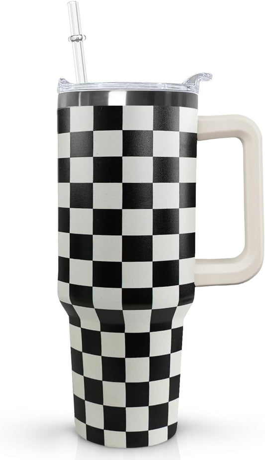 Ceovfoi Black and white Checkered Tumbler with Handle Lid and Straw,40 Oz Checkered Tumbler Water Bottle Travel Coffee Cup Mug,Checkered Gifts for Women Men