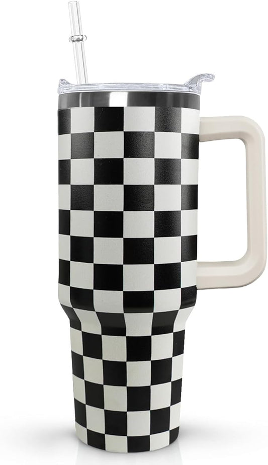 Ceovfoi Black and white Checkered Tumbler with Handle Lid and Straw,40 Oz Checkered Tumbler Water Bottle Travel Coffee Cup Mug,Checkered Gifts for Women Men - Bloomnest