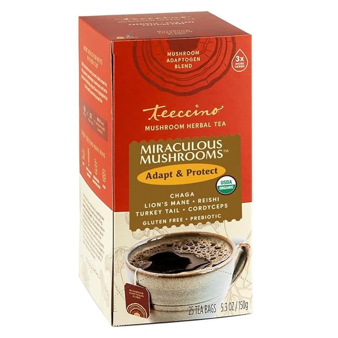Teeccino Miraculous Mushrooms Adapt & Protect Herbal Tea By Teeccino, 25 Tea Bags - Five Organic Adaptogenic Mushrooms with Chicory & Cacao, 3x More Herbs than Regular Tea Bags, Caffeine Free, Prebiotic - Bloomnest