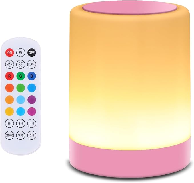 OORUN Touch Bedside Table Lamp,13 RGB Colors & 5 Brightness, USB Rechargeable Desk Lamp, Remote Control Dimmable Night Light with RGB Color Changing,Portable Lamp for Baby, Bedroom, Living Room (Pink) - Bloomnest