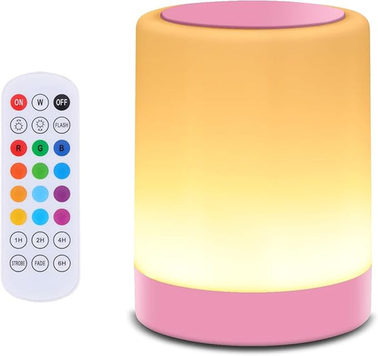 OORUN Touch Bedside Table Lamp,13 RGB Colors & 5 Brightness, USB Rechargeable Desk Lamp, Remote Control Dimmable Night Light with RGB Color Changing,Portable Lamp for Baby, Bedroom, Living Room (Pink) - Bloomnest