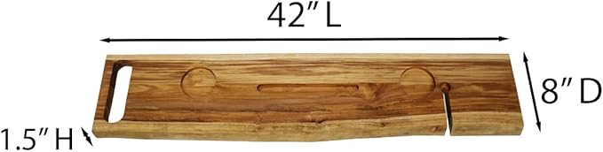 EcoDecors Eleganto 42" Live Edge Solid Teak Bath Caddy Tray with Handle, Book & Tablet Holder, Wine Glass Holders, Luxury Bathtub Tray - Bloomnest