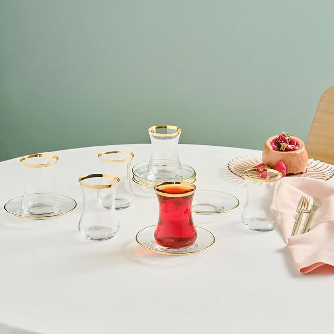 KARACA Sydney Glass Turkish Tea Set for 6 People, Gold, 12 Pieces Tea Service, 6 Turkish Tea Glasses with Saucers, Glass, 5.4 fl oz Tea Plates/Saucers - Bloomnest