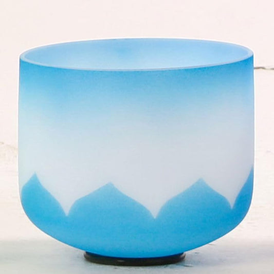Leize Crystal Singing Bowl Lotus Design Colored Rim Chakra Tuned Quartz 8” wide Blue 432hz G Note with Suede Striker