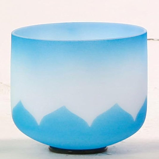 Leize Crystal Singing Bowl Lotus Design Colored Rim Chakra Tuned Quartz 8” wide Blue 432hz G Note with Suede Striker - Bloomnest