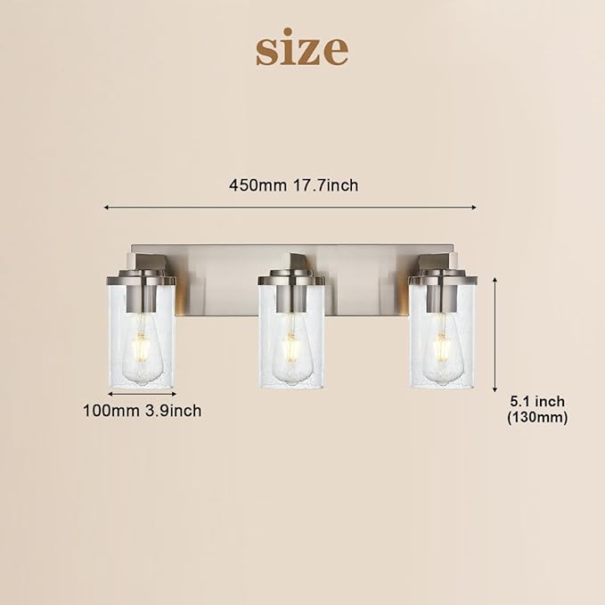 BONLICHT Brushed Nickel Vanity Light 3 Lights Modern Bathroom Light Fixtures Over Mirror with Seeded Glass, Industrial Metal Indoor sconces Wall Lighting for Powder Room Hallway Kitchen Sink Cabinet - Bloomnest