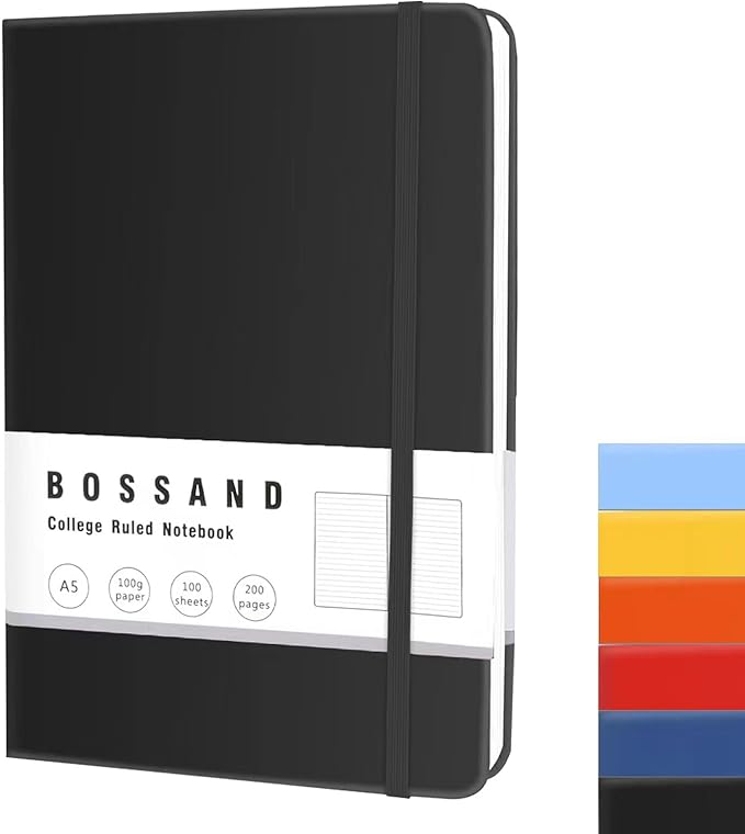 BOSSAND Lined Journal Notebook, A5 Journals for Writing, 200 Pages 100 GSM Thick Classic Ruled Paper, Hardcover, 8.25 inches x 5.75 inches, Black - Bloomnest