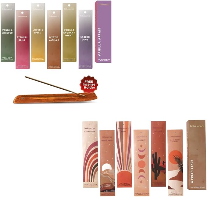 Folkulture Incense Sticks with Holder for Gift | Set of 6 (120) Organic, Non Toxic | Vanilla Incense-Set | Set of 6 (120 Sticks) Palo Santo Insence-Sticks | Sandalwood Incenses, Lemongrass, Rose FOLKULTURE