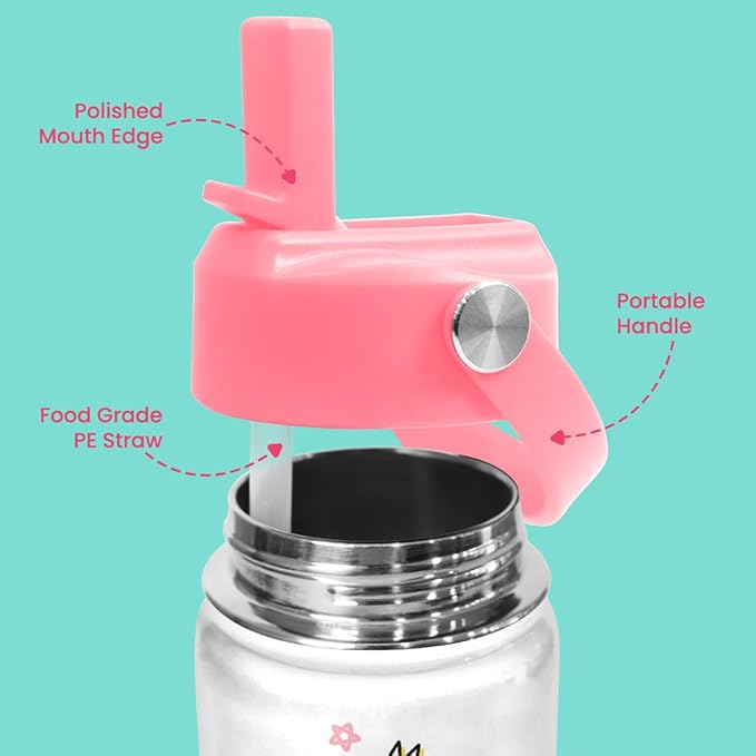 Flamingo Water Bottle - Kids Water Bottle with Straw Lid - 12 Oz Insulated Stainless Steel Water Bottles for Kid Girls - Travel Cup for School Sports - Bloomnest