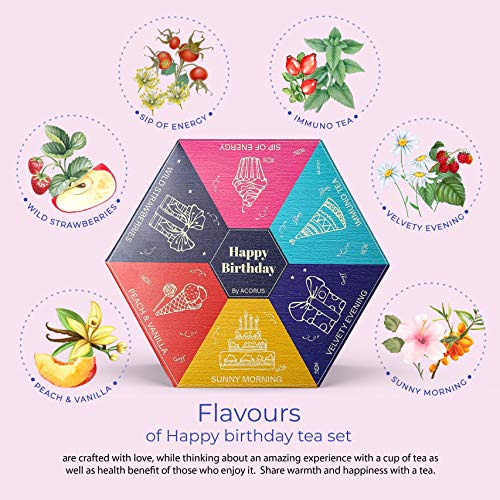 Acorus Happy Birthday Tea Gift Sets | Assorted Tea Set Birthday Present to Those Who We Care about | Herbal Fruit and Black Tea Variety Pack with Warm Wishes Written all Over the Box | 60 Tea Bags - Bloomnest