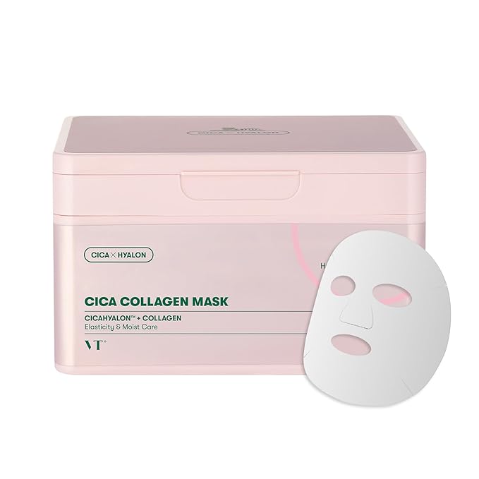 VT COSMETICS CICA Collagen Daily Mask 30 Sheets, 300Da Low Molecular Collagen for Skin Elasticity, Hydrating & Firming, Pink Collagen Essence, Korean Face Mask - Bloomnest