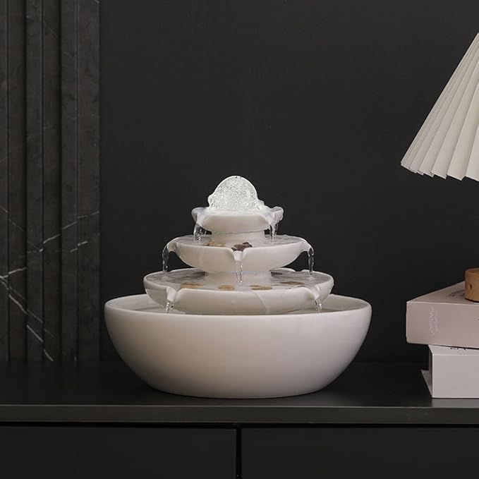 Indoor Tabletop Ceramic Fountain Water Feature Home Kitchen Office Decoration Modern Design Style (White) - Bloomnest
