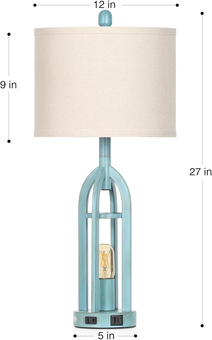 27" Industrial Farmhouse Table Lamp,Vintage Rustic Blue Beside Lamp with USB A+C Charging Ports & AC Outlet, Metal Nightstand Lamp with LED Night Light for Bedrooms (2 LED Bulbs Included) - Bloomnest