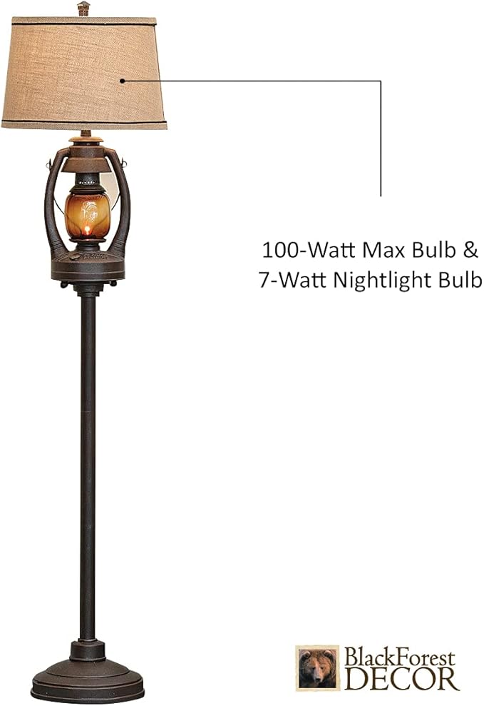 BLACK FOREST DECOR Vintage Lantern Floor Lamp with Burlap Shade - Rustic Lodge Standing Lamp - Bloomnest