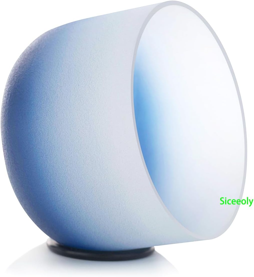 8" A Note 432HZ Indigo Blue Color Crystal Singing Bowl Frosted Quartz Root Base Chakra Meditation Sound Healing with Durable Carrying Case Suede Striker O-ring