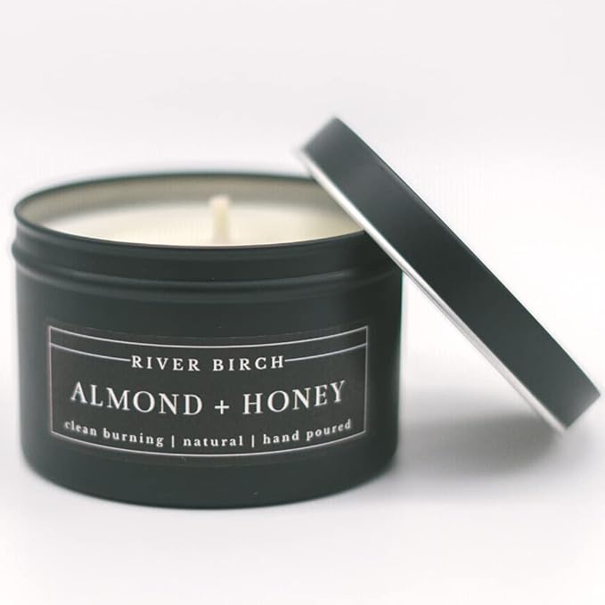 River Birch Candles Almond + Honey Scented Candle | Premium, All-Natural, Non-Toxic, Soy Candles | 8 oz. Black Matte Tin Travel Candle | Cozy Relaxing Gifts for Home - Bloomnest