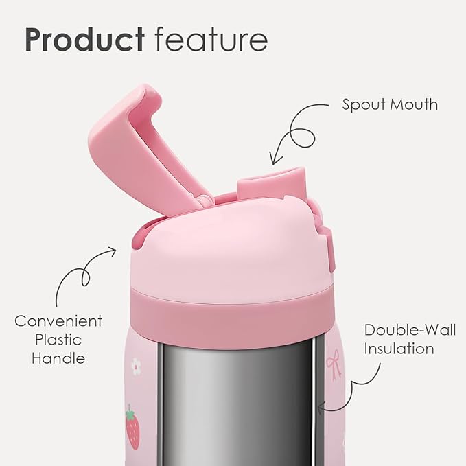 Strawberry Bow Insulated Stainless Steel Water Bottle with Straw for Sports and Travel, 32oz, Gifts for Women Girls Friends Teens Birthday Christmas - Bloomnest