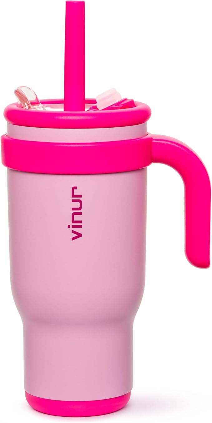 VINUR Kids Insulated Tumbler with Handle-Spill Proof & Leak Resistant-18/8 Stainless Steel Vacuum Water Cup with Straw Lid and Silicone Base-Cup Holder Friendly, 17 oz-Purple Pink - Bloomnest