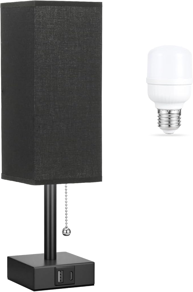 Black Small Table Lamp for Bedroom - 3 Color Temperature 3000K 5000K 4000K Bedside Lamp, Pull Chain Control, USB A and C Charging Ports, Black Base, for Kids Office Dorm Nightstand, Bulb Included - Bloomnest