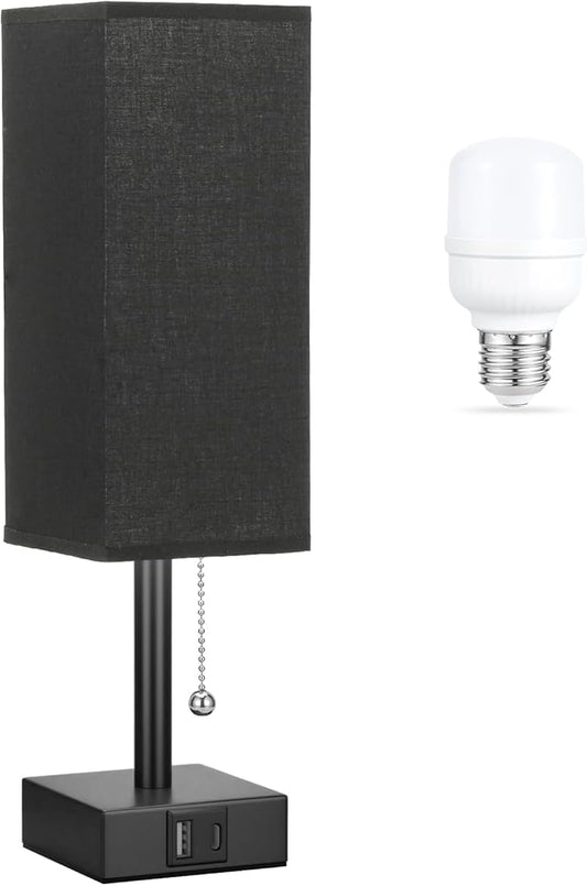 Black Small Table Lamp for Bedroom - 3 Color Temperature 3000K 5000K 4000K Bedside Lamp, Pull Chain Control, USB A and C Charging Ports, Black Base, for Kids Office Dorm Nightstand, Bulb Included - Bloomnest