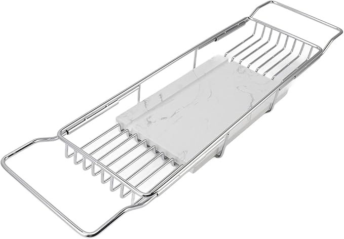 Haofy Expandable Bathtub Tray, Metal Marble Bathtub Caddy Tray, Bathtub Rack Shelf, Bathtub Rack Across Tub for Bathroom (Silver White) - Bloomnest