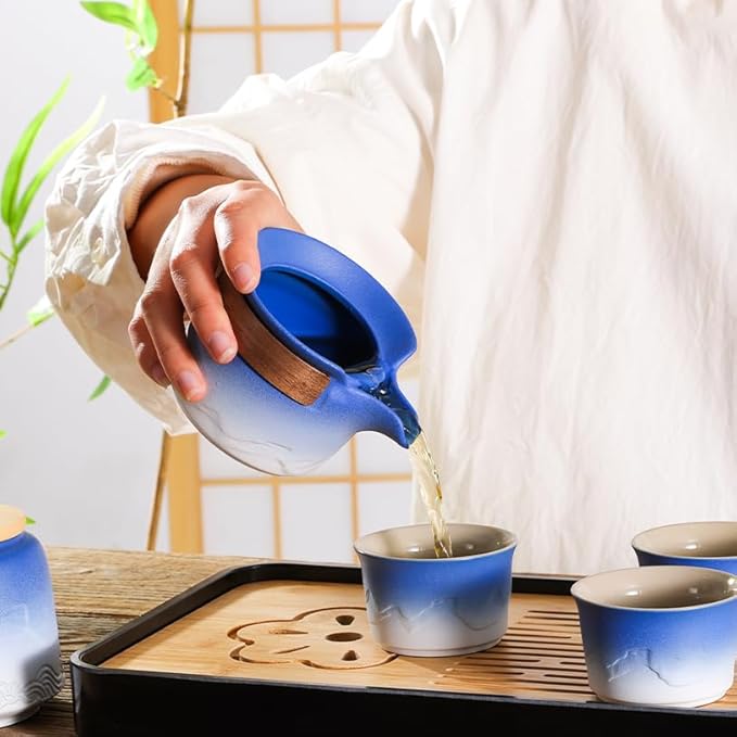 LURRIER Gongfu tea sets, Portable Ceramic TeaSet, Asian Tea sets for adult, Tea Gift sets, Grey leather case, Portable Travel Bag,Home,Gifting,Outdoor and Office(XBlue and White) - Bloomnest