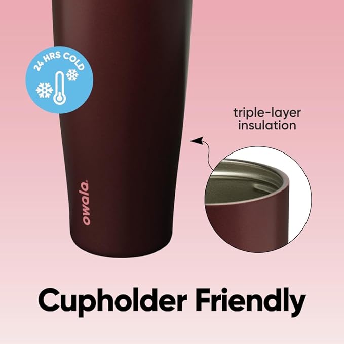 Owala FreeSip Tumbler Insulated Stainless Steel Water Bottle with Built-in Straw and Side Handle, For Travel, Work, School, and Sports, 40oz, BPA Free, Leak Proof, Black Cherry Owala