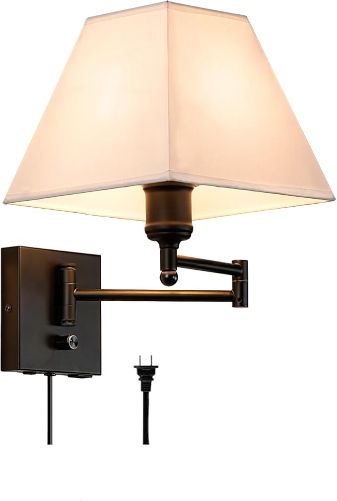 Swinging arm Wall lamp, Fabric lampshade, with Plug and dimming Rotary Switch, USB and Type-C Charging Port, Suitable for Bedside, Living Room, Hotel and Bedroom Wall Lamps - Bloomnest