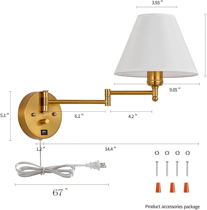 Swing Arm Wall Sconces, Plug-in Wall lamp,Bedroom Wall lamp ， White Fabric Shade，，with dimmable Switch and USB Charging Port, Suitable for Bedside, Living Room, Reading (Golden) - Bloomnest
