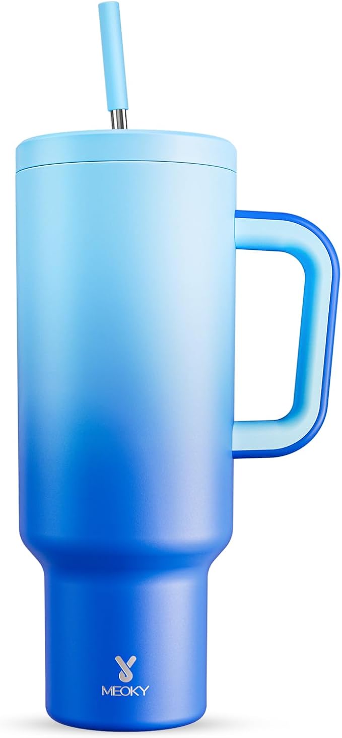 Meoky 50 oz Tumbler with Handle, Tumbler with Lid and Straw, Insulated Stainless Steel Travel Mug, 100% Leak-proof, Keeps Cold for 36 Hours or Hot for 12 Hours (Sky) - Bloomnest