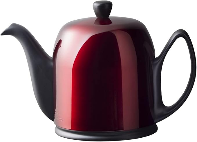 Degrenne Salam Pomme D'Amour Luxury French Tea Pot - Porcelain Teapot with Red Stainless Steel Cover, Ceramic Tea Kettle for Loose Tea, Removable Infuser, 6 Cup Capacity, 36oz - Black - Bloomnest
