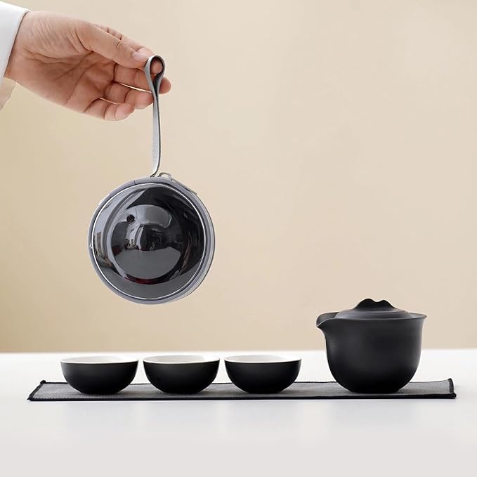 Travel Tea Set Ceramic Tea Pot Set Chinese Kung Fu Teapot Porcelain Gongfu Teacups Frosted Glazed Tea Cup, Portable Bag 1 Pot 3 Mini Cup All in One for Home Office Outdoor Picnic Camping Hotel, Black - Bloomnest