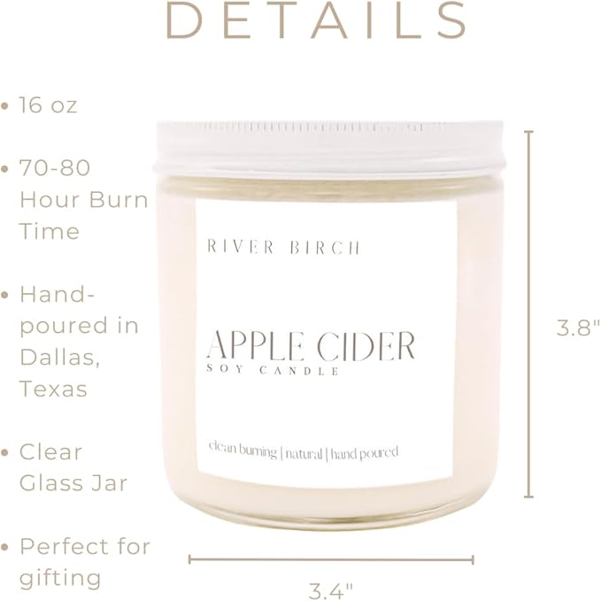 River Birch Candles Apple Cider Scented Candle | Premium, All-Natural, Non-Toxic, Soy Candles | 16oz 90 Hr Burn Time | Cozy Relaxing Gifts for Home - Bloomnest