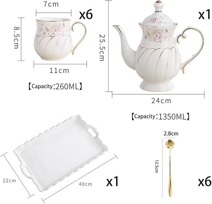 14-Pieces Porcelain Teapot Set Ceramic Coffee Cup Teacup with Gold Spoon Tea Party Tray Holder Gift Sets - Bloomnest