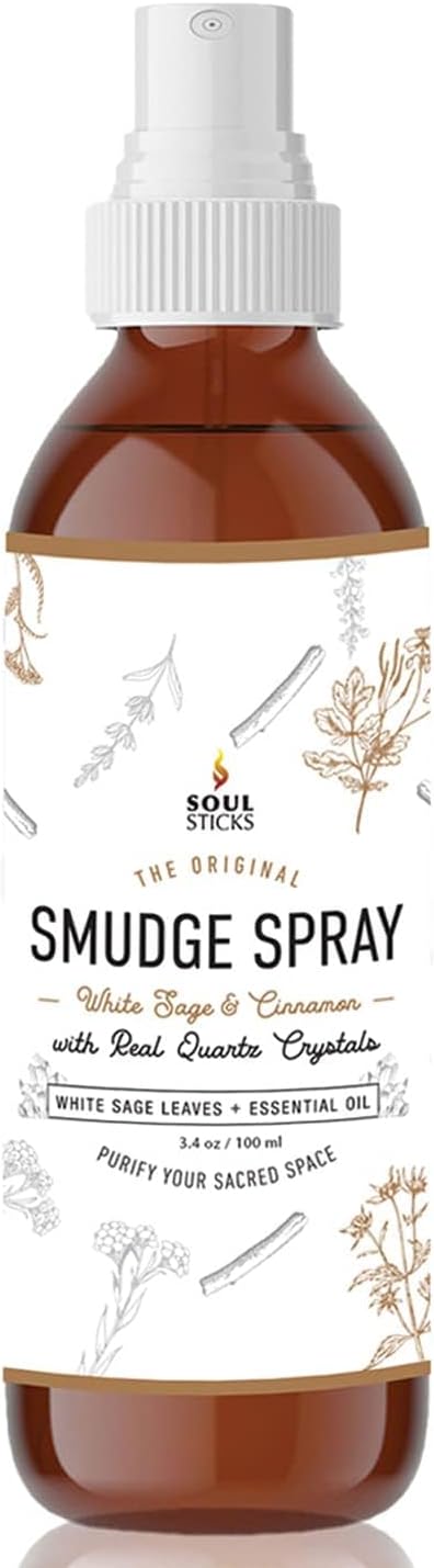 SOUL STICKS White Sage & Cinnamon Smudge Spray – 3.5oz Smokeless Energy Mist with Quartz Crystals – Non-Toxic Cleansing Spray for Aura, Home, Car, Meditation, Yoga, Stress Relief & Protection SoulSticks