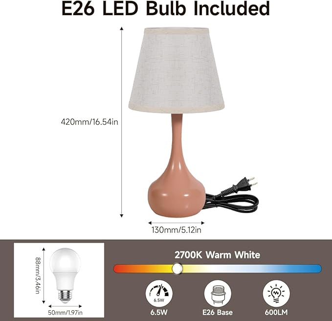 Touch Table Lamp for Bedroom, 3-Way Dimmable Table Lamps for Nightstand with Fabric Shade, Lamps for Living Room，Desk Lamps for Home Office, Pink Lamp for Bedroom - Bloomnest