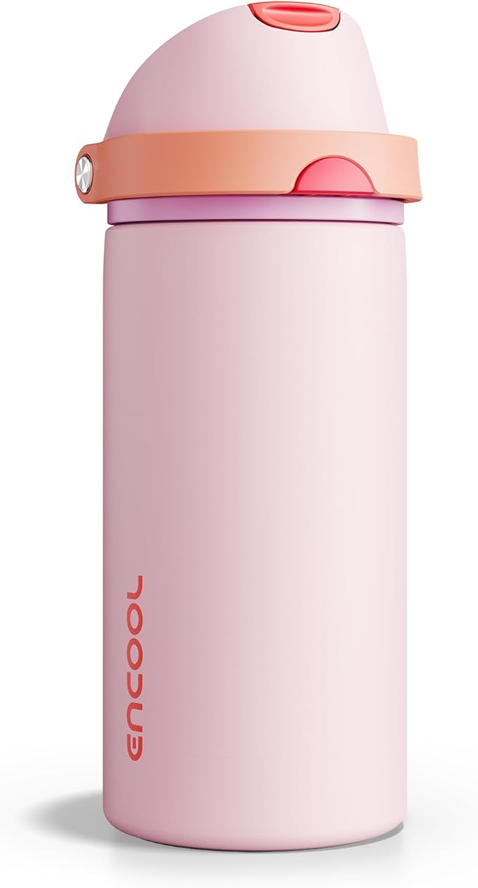 Insulated Water Bottle with Straw - Encool Stainless Steel Water Bottle with Push Button Lid, Leak-Proof & BPA-Free, Keeps Cold for 24 Hours for Sports, Travel, Gym (18 oz, Lily-Red) ENCOOL