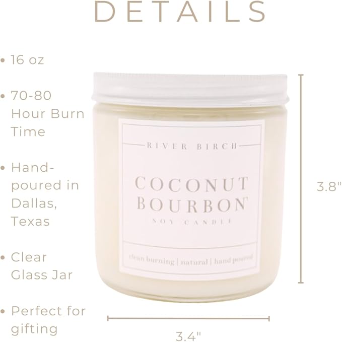 River Birch Candles Coconut Bourbon Scented Candle | Premium, All-Natural, Non-Toxic, Soy Candles | 16oz 90 Hr Burn Time | Cozy Relaxing Gifts for Home - Bloomnest
