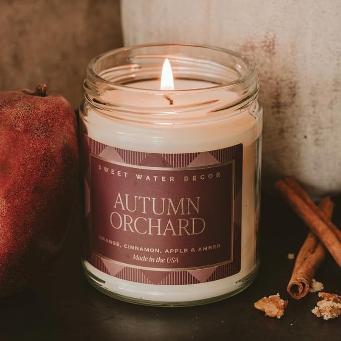 Sweet Water Decor Autumn Orchard Candle, Autumn Scented Notes of Citrus, Cinnamon, & Apples, 40+ Hour Burn Time, Non-Toxic Soy Wax Blend, Poured in The USA, Cotton Wick, 9oz Glass Jar with Gold Lid - Bloomnest