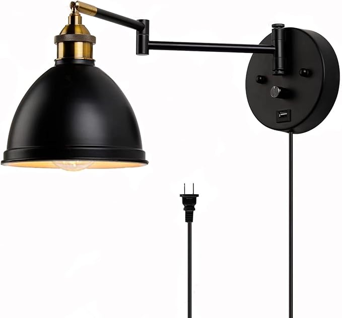Swing Arm Wall Sconces, Plug-in Wall lamp,Bedroom Wall lamp ， White Fabric Shade，，with dimmable Switch and USB Charging Port, Suitable for Bedside, Living Room, Reading (Metallic Black) - Bloomnest