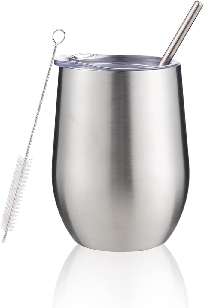 12 oz Insulated Wine Tumbler with Lid and Straw,Stainless Steel Stemless Wine Tumbler Glasses Double Wall Vacuum Wine Cups Tumbler for Coffee,Champaign,Cocktail,Office（Silver,1） - Bloomnest