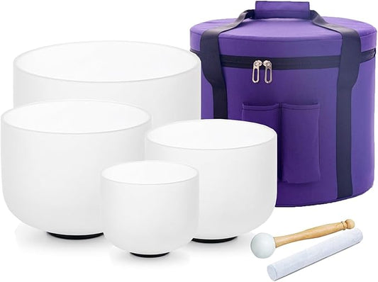 Hye-eun 4pcs 432hz Crystal Singing Bowls, 6"A 8"G 10"F 12"C Frosted Quartz Sound Bowl Set with Free Carry Bag Mallets and Rubber for Sound Healing Bath Keep Balance Therapy Meditation Yoga - Bloomnest