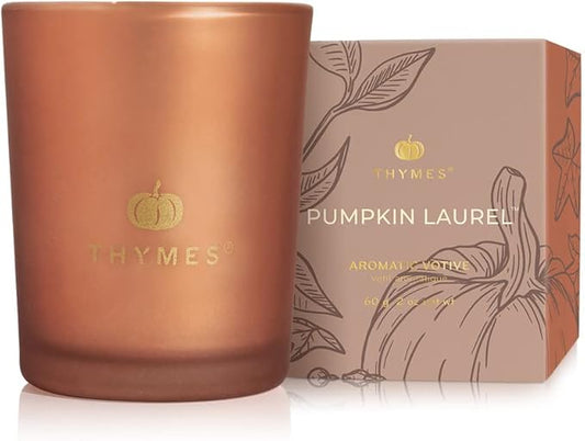 Thymes Scented Candles for Home Decor - Luxury Home Fragrance Gifts for Women & Men - Fall Candles with Creamy Pumpkin, Nutmeg, & Cinnamon - Burnt Orange Votive (Pumpkin Laurel, 2 oz) - Bloomnest