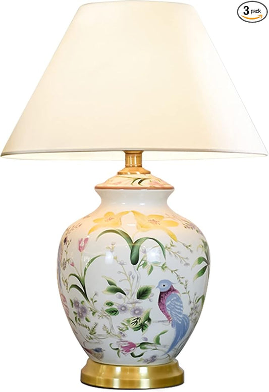 Chinoiserie Ceramic LED Table Lamp, American Flower&Bird Bedside Lamp, Classic White Fabric Lampshade Desk Nightstand Lamp for Bedroom Living Room Office College Bookcase - Bloomnest
