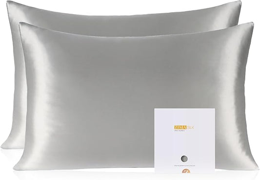 ZIMASILK 100% Pure Mulberry Silk Pillowcase 2 Pack, Soft and Smooth,Both Sides Premium Grade 6A Silk,600 Thread Count,with Hidden Zipper (Queen 20''x30'',Grey) - Bloomnest