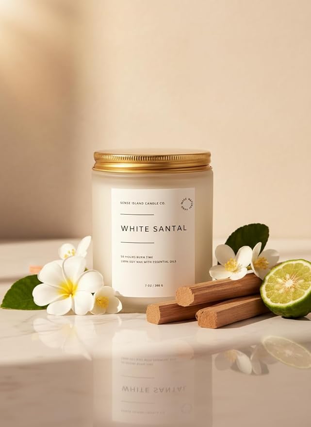 SENSE ISLAND White Santal Scented Candle for Home Scented 50+ Hrs Highly Scented | 100% Natural Soy Candle Gifts for Women Highly Scented House Warming Gifts - Bloomnest