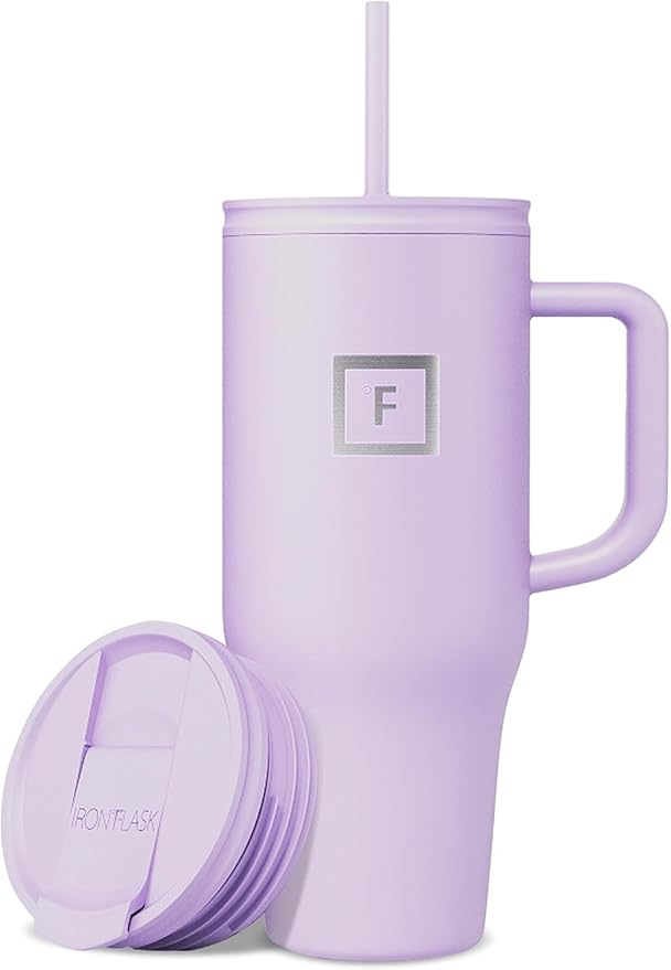 IRON °FLASK Co-Pilot Insulated Mug w/Straw & Flip Cap Lids - Cup Holder Bottle for Hot, Cold Drink - Leak-Proof - Water, Coffee Portable Travel Mug - Lavender, 32 Oz - Bloomnest