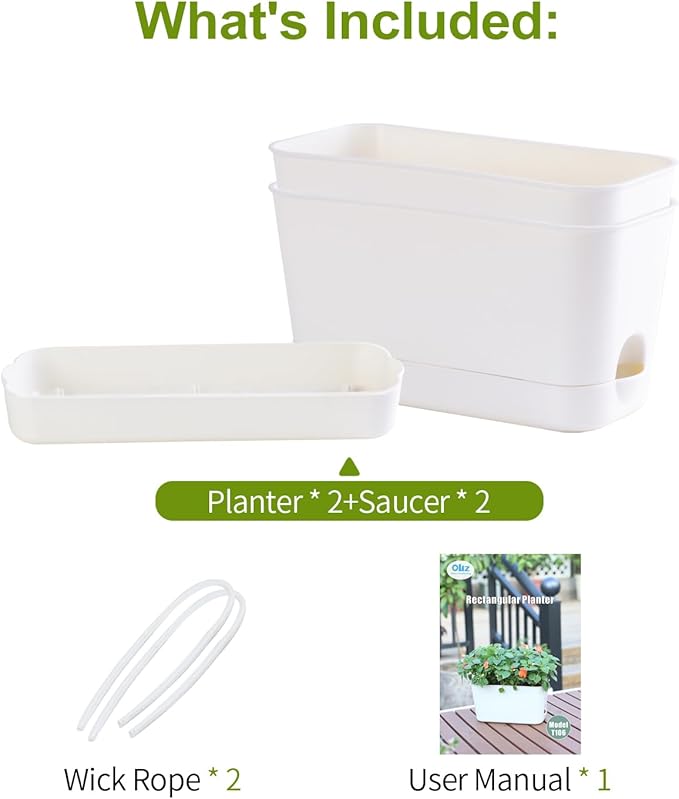 10 Inch Self Watering Planters for Indoor Plants: 2 Packs Rectangular Plant Pots with with Drainage and Tray, Window Pot Self Watering Planter for Herb, Houseplants - Bloomnest