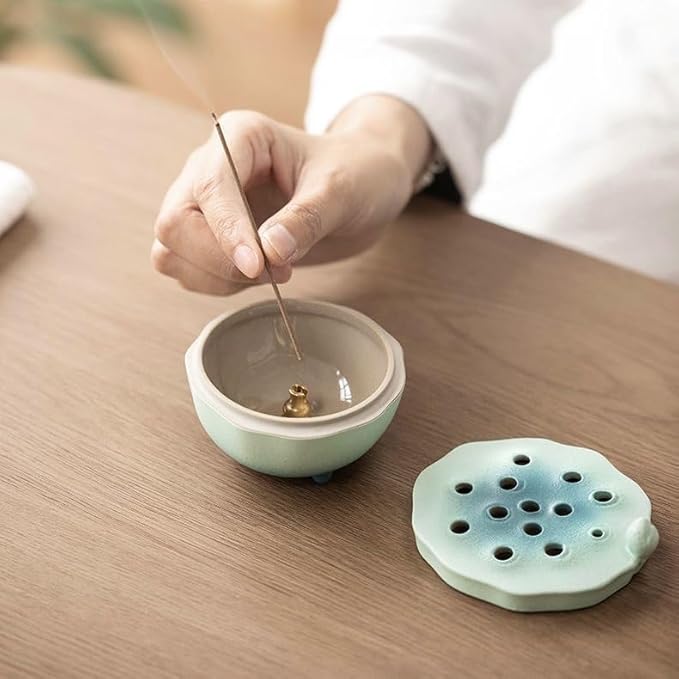 Zen Incense Burner with Lotus Lid Design (Lake Blue), Ceramic Incense Holder for Bakhoor, Stick, Powder, Cone, Coil, and Tower Incense, Home Fragrance Decor - Bloomnest